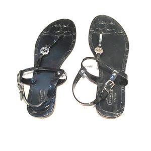 Coach T Strap black glossy sandal flip flops EEEUC